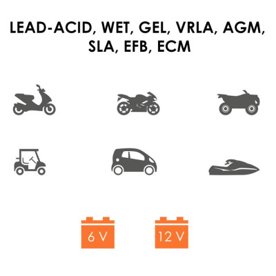 Nabíječka BIKETEC MINI s příslušenstvím pro motobaterie a autobaterie 6V/12V VVRLA, AGM, VLA, SLA, EFB, WET, GEL, LEAD-ACID