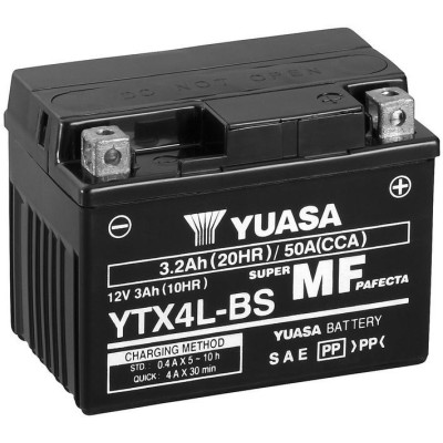 motobaterie 12V, YTX4L-BS, 3,2Ah, 50A, bezúdržbová MF AGM 114x71x86, YUASA originál (vč. balení elektrolytu)