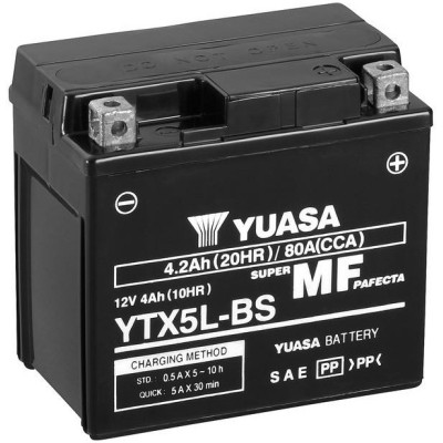 motobaterie 12V, YTX5L-BS, 4,2Ah, 80A, bezúdržbová MF AGM 115x72x107, YUASA originál (vč. balení elektrolytu)
