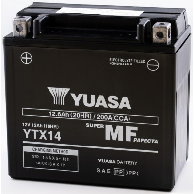 motobaterie 12V, YTX14-BS, 12,6Ah, 200A, bezúdržbová MF AGM 150x87x145, YUASA originál (vč. balení elektrolytu)
