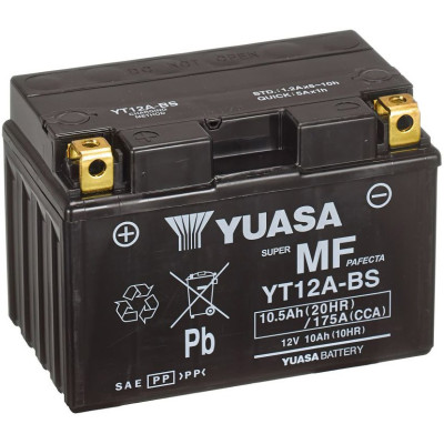 motobaterie 12V, YT12A-BS, 10,5Ah, 175A, bezúdržbová MF AGM 150x87x105, YUASA originál (vč. balení elektrolytu)