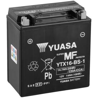 motobaterie 12V, YTX16-BS-1, 14,7Ah, 230A, bezúdržbová MF AGM 150x87x161, YUASA originál (vč. balení elektrolytu)