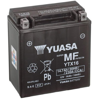motobaterie 12V, YTX16, 14,7Ah, 230A, bezúdržbová MF AGM 150x87x161, YUASA originál (aktivovaná ve výrobě)