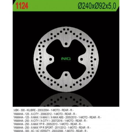 NG zadní brzdový kotouč YAMAHA X-CITY 125 08-12, 250 07-17, X-MAX 125/250 05-09 (240X92X5) (4X8,5MM)