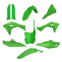 Sada plastů (FULL KIT) KAWASAKI KXF 450 '24-'25, v sadě přední tabulka a kryty tlumičů (zelená),POLISPORT