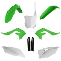 Sada plastů (FULL KIT) KAWASAKI KXF 250 '21-'24 KXF 450 '19-'23, v sadě přední tabulka a kryty tlumičů (zelená, bílá),POLISPORT