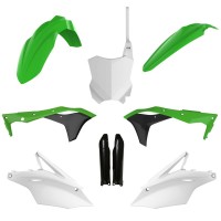 Sada plastů (FULL KIT) KAWASAKI KXF 250 '17-'20, v sadě přední tabulka a kryty tlumičů (zelená/bílá),POLISPORT