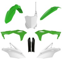 Sada plastů (FULL KIT) KAWASAKI KXF 250 '17-'20, v sadě přední tabulka a kryty tlumičů (zelená/bílá),POLISPORT