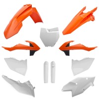 Sada plastů (FULL KIT) KTM SX/SX-F '16-'18, v sadě přední tabulka a kryty tlumičů (oranžová/bílá),POLISPORT