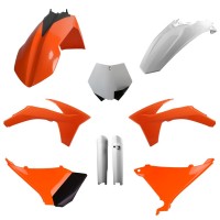 Sada plastů (FULL KIT) KTM SX '11 XC/XC-F '11, v sadě přední tabulka a kryty tlumičů (oranžová/bílá),POLISPORT