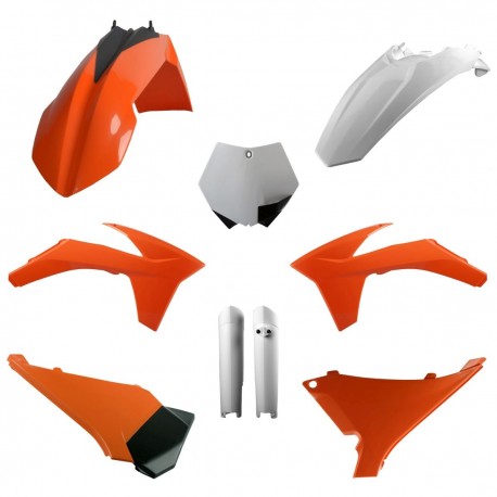 Sada plastů (FULL KIT) KTM SX '12 SX-F '11- '12 XC/XC-F '12, v sadě přední tabulka a kryty tlumičů (oranžová/bílá),POLISPORT