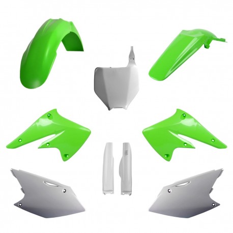 Sada plastů (FULL KIT) KAWASAKI KX 250F '04-'05, v sadě přední tabulka a kryty tlumičů (zelená/bílá),POLISPORT
