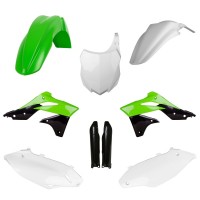 Sada plastů (FULL KIT) KAWASAKI KX 250F '13-'16, v sadě přední tabulka a kryty tlumičů (zelená/bílá/černá),POLISPORT