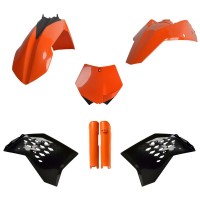Sada plastů (FULL KIT) KTM SX/SX-F/XC-F '07-'10, v sadě přední tabulka a kryty tlumičů (oranžová/černá),POLISPORT