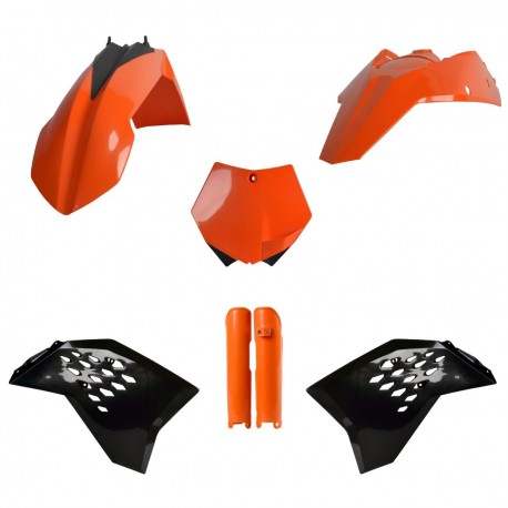 Sada plastů (FULL KIT) KTM SX/SX-F/XC-F '07-'10, v sadě přední tabulka a kryty tlumičů (oranžová/černá),POLISPORT